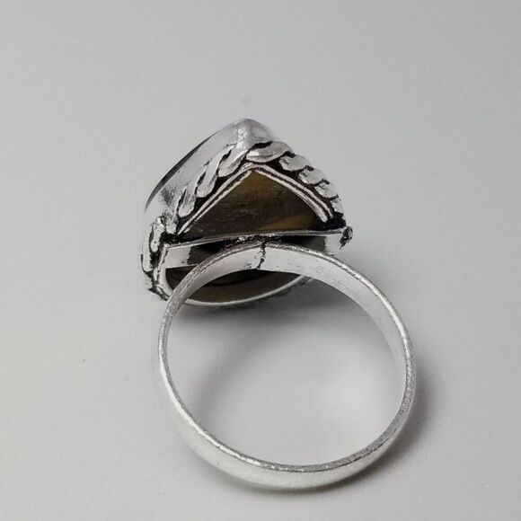 Vintage Tigers Eye Brown Stone Ring Bezel Set Silver Tone Band, Size 6.5, Estate - Picture 4 of 8